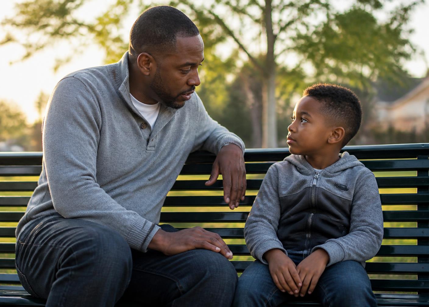 A father talking with his young son on a park bench