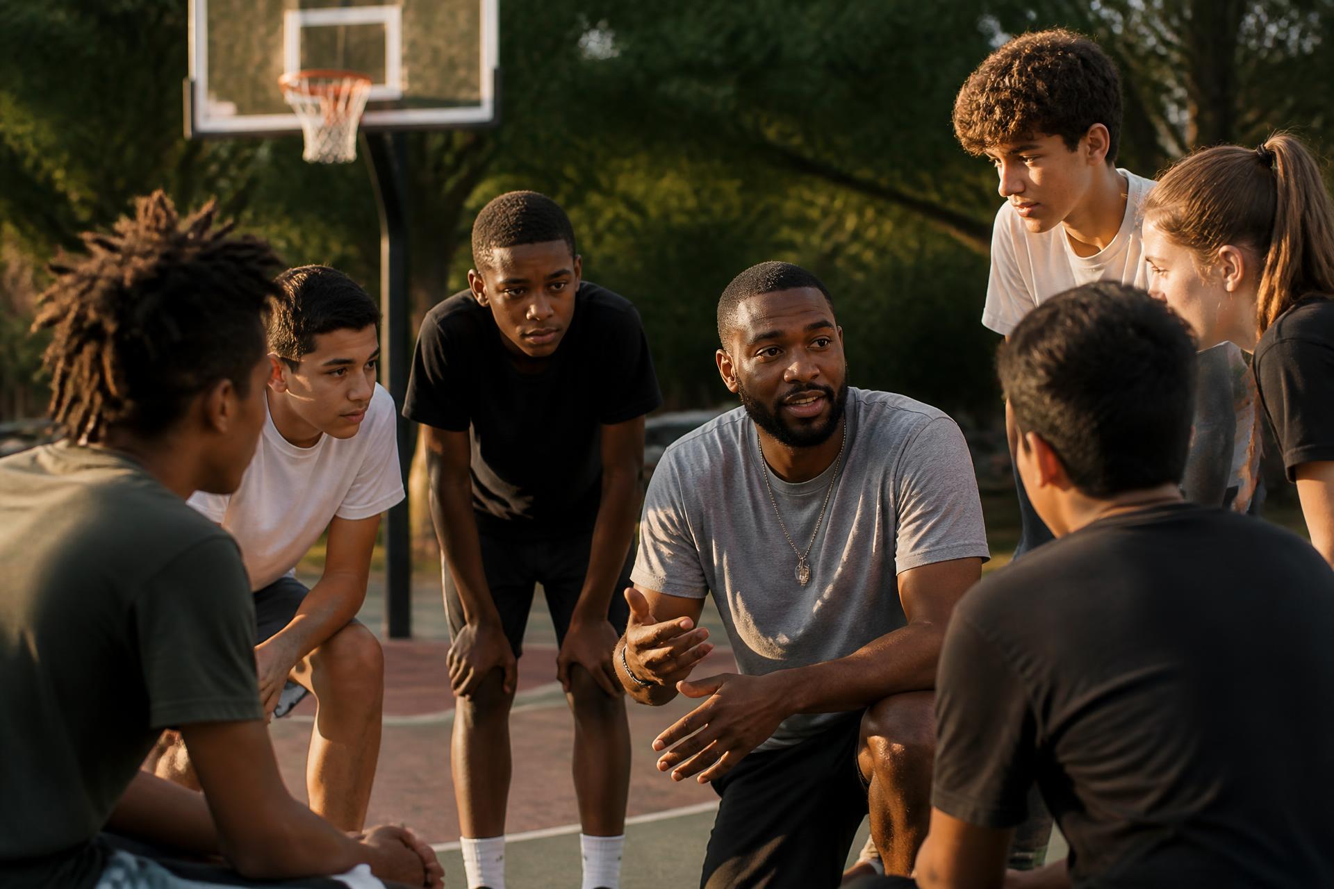 A mentor speaking with a group of teenagers on an outdoor basketball court